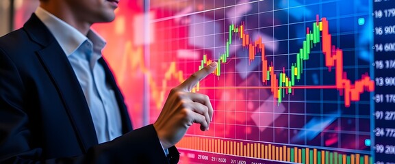 Businessman interacting with a transparent screen displaying abstract financial chart.