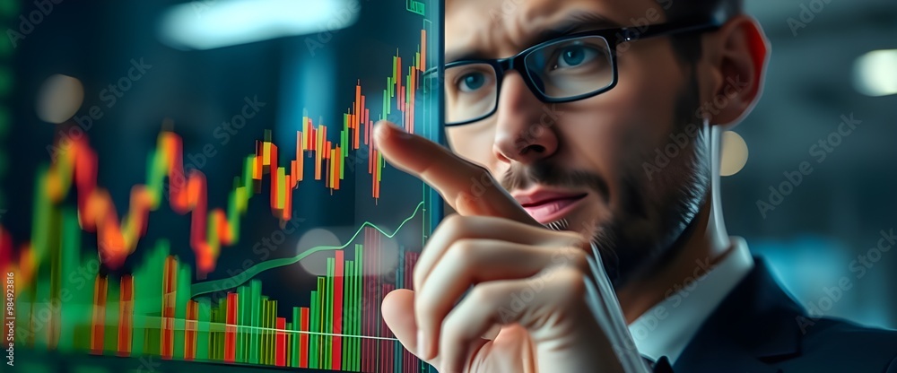 Poster a close-up shot of a businessman interacting with a transparent screen displaying abstract financial