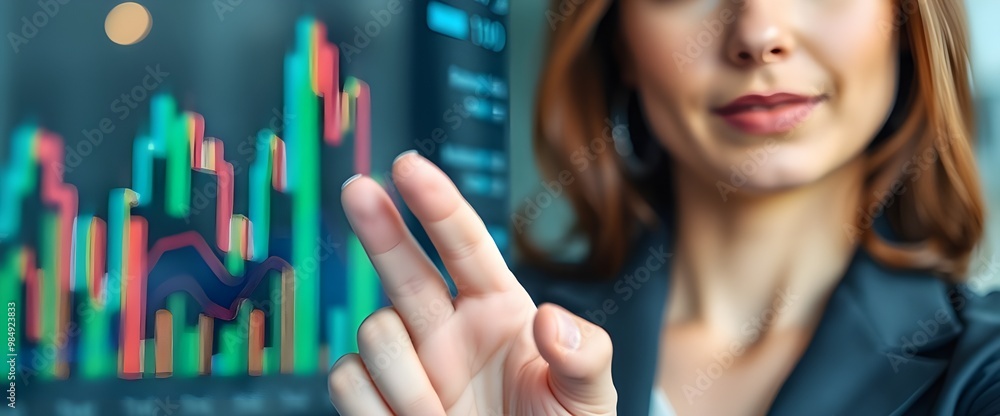 Poster a close-up shot of a businesswoman interacting with a transparent screen displaying abstract financi