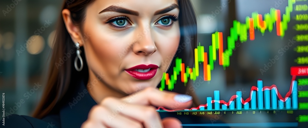Poster a close-up shot of a businesswoman look interacting with a transparent screen displaying abstract fi