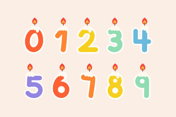 Colorful number candle set. Holiday celebration, birthday, event, party, festival concept. Flat decorative vector design isolated illustration.