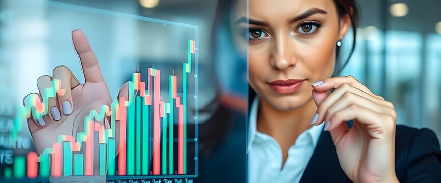 A close-up shot of a Businesswoman look interacting with a transparent screen displaying abstract financial chart. 