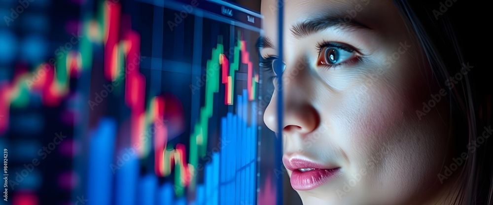 Aufkleber a close-up shot of a human look interacting with a transparent screen displaying abstract financial 