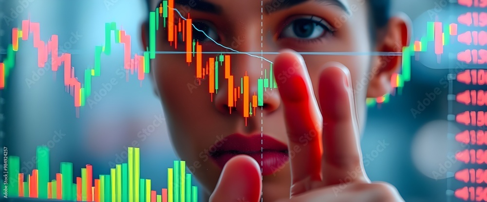 Poster a close-up shot of a smooth human look interacting with a transparent screen displaying abstract fin