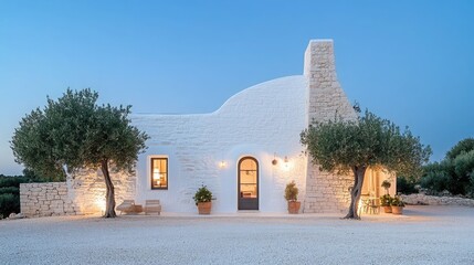 A beautifully designed white hotel in Greece stands out at night, featuring warm lighting, square windows, and olive trees adorning its exterior, creating a serene atmosphere.