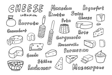 Cheeses collection in doodle style. feta, maasdam, burrata, mozzarella, radamer, swiss cheese, brie, parmesan, ricotta, mascarpone, gorgonzola, roquefort, stillon, gouda, camembert. Hand drawn
