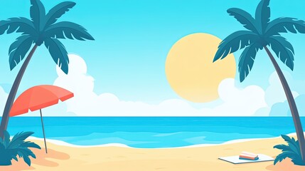 Fototapeta premium Tropical beach scene with palm trees and sunlit sky in flat design - ideal for summer themes.