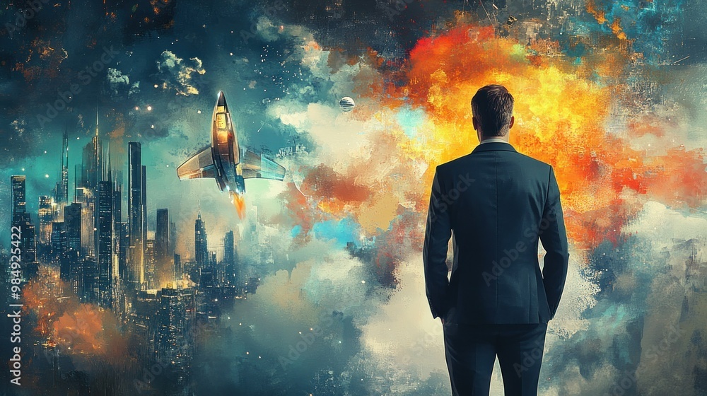 Poster a man in a suit facing a cityscape with a spaceship and abstract background