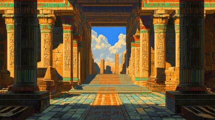 Ancient Stone Gateway Leading to a City in the Distance