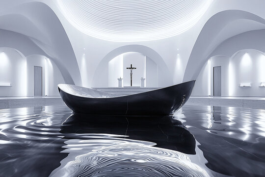 sleek baptismal font in modern church, water surface reflecting ceiling