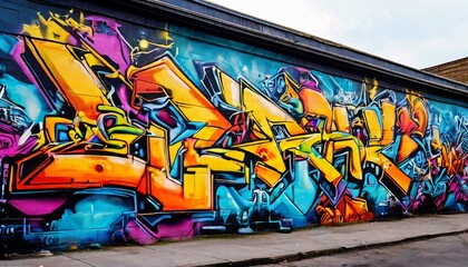A vibrant piece of graffiti art covers an urban wall, showcasing bold colors like orange, blue, and purple with intricate designs. The street setting and vivid artwork make it a perfect representation