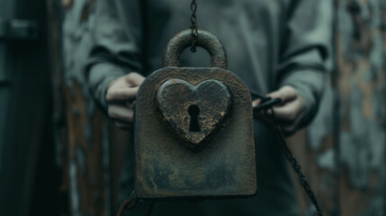 A person stands on a scale with a heavy, rusted lock placed over their chest, where the heart would be. The rust on the lock symbolizes unresolved emotional issues. The background is dark and blurred,