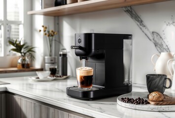 Coffee Machine Close-up. Sleek black espresso machine brewing coffee in a modern kitchen setting, with coffee accessories and pastries in the background.