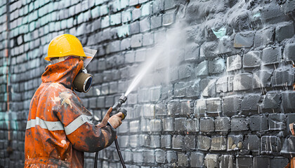 Worker equipped with safety gear and breathing mask is removing spray paint from a brick wall using an efficient water jet cleaning method