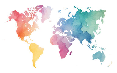 A vibrant watercolor world map showcases various colors blending beautifully. Each continent features a unique hue, enhancing its artistic appeal while highlighting global geography.
