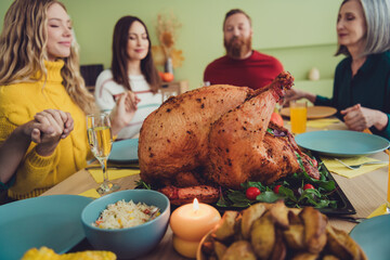 Photo of big family together at the table celebrating thanksgiving day appreciating eating lunch indoors