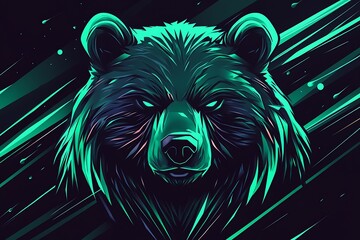 Neon Green Bear Head with Abstract Lines on Black Background