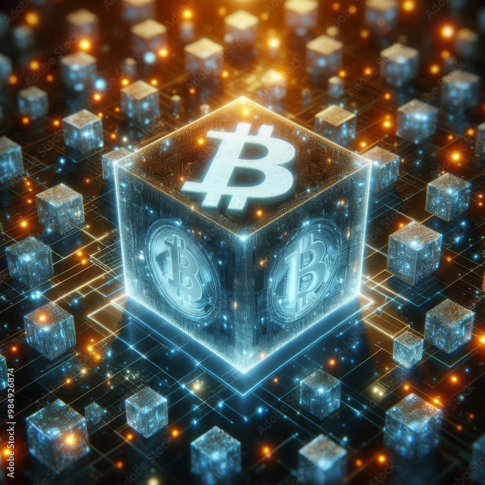 Poster a glowing bitcoin cube surrounded by digital blockchain elements, highlighting the concept of crypto