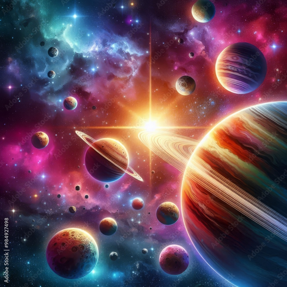 Poster a vivid and colorful depiction of planets in a galaxy, showcasing a variety of vibrant hues and cele