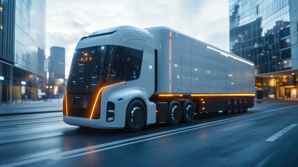 Futuristic autonomous smart truck with neon lights on a rainy night in the city