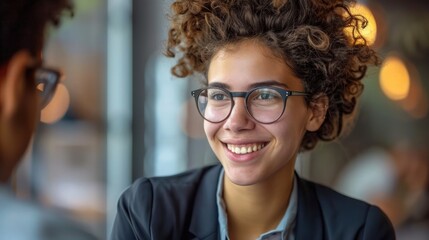 Young woman smiles while talking to a friend
