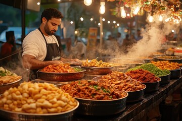 Obraz premium Street food vendor preparing traditional dishes at night market