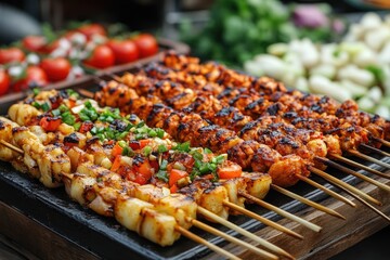 Grilled meat and seafood skewers being served on a hot plate