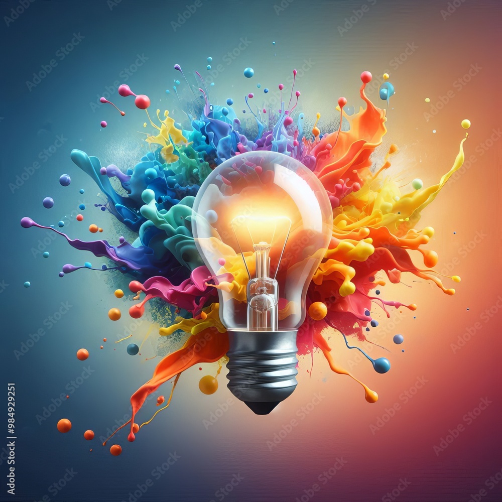 Poster a vibrant light bulb bursts with a splash of colorful paint, symbolizing creativity and innovation. 