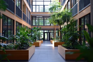 Fototapeta premium Modern office building interior design with indoor plants creating a relaxing atmosphere