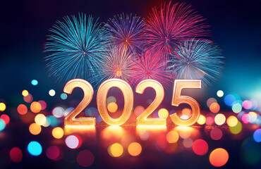 Colorful New Year 2025 background with fireworks and bokeh