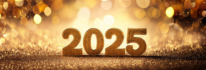 New Years 2025 banner with gold glitter and bokeh 