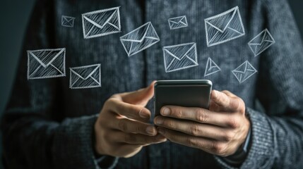 Person using a smartphone with email icons floating around them.
