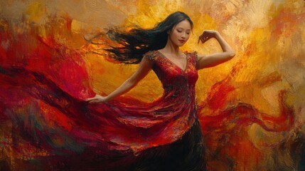 Woman in Red Dress with Flowing Hair and Abstract Background