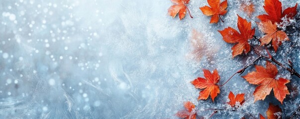 Beautiful frozen autumn maple leaves on the ground. Autumn winter background