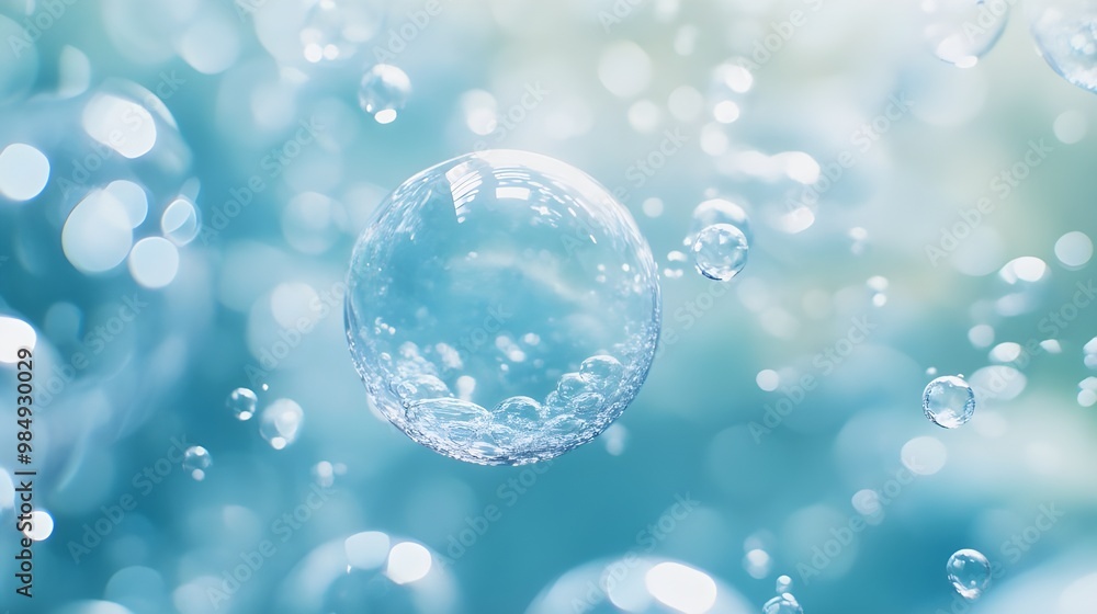 Poster liquid surface with colorful bubbles in close-up detail image