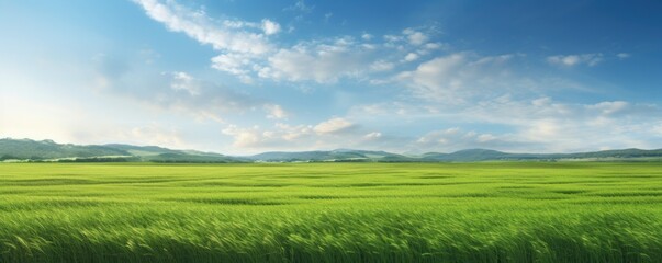 Beautiful natural scenic panorama green field and blue sky with clouds on horizon. Perfect green lawn on sunny day