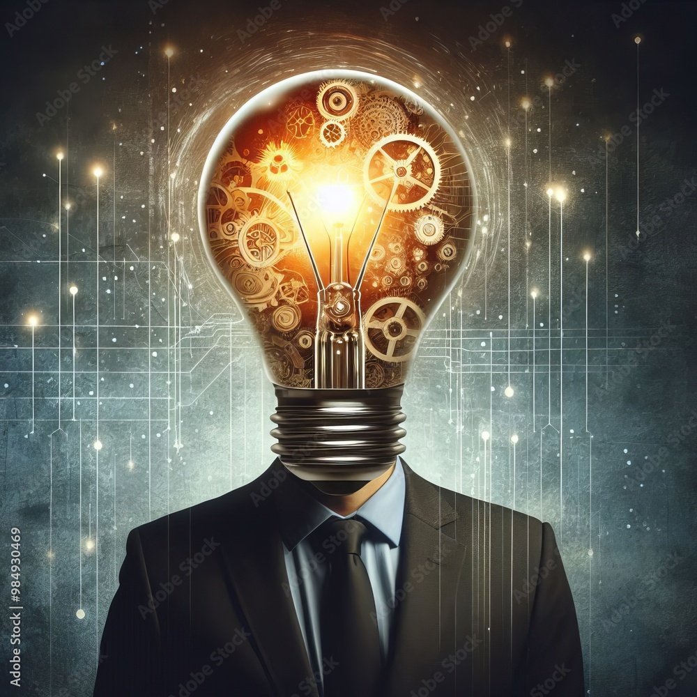 Poster a businessman in a suit with a glowing lightbulb head, filled with gears and circuits, symbolizing c