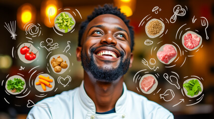 An African American chef with a bright smile gazes upward, surrounded by colorful illustrations of various foods and ingredients, showcasing culinary creativity in a lively kitchen