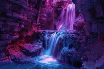 A waterfall with purple water is shown in a cave
