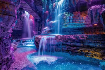 A waterfall with a blue and purple hue