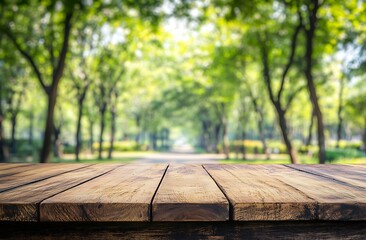 Empty wooden table with blurred green park background