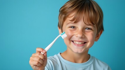 Portrait of a happy smiling boy holding a toothbrush on a blue background, studio shot of a cute child. Banner