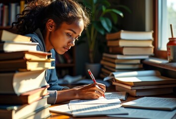 Studious Serenity. A focused individual studies amidst a tranquil, sunlit library.