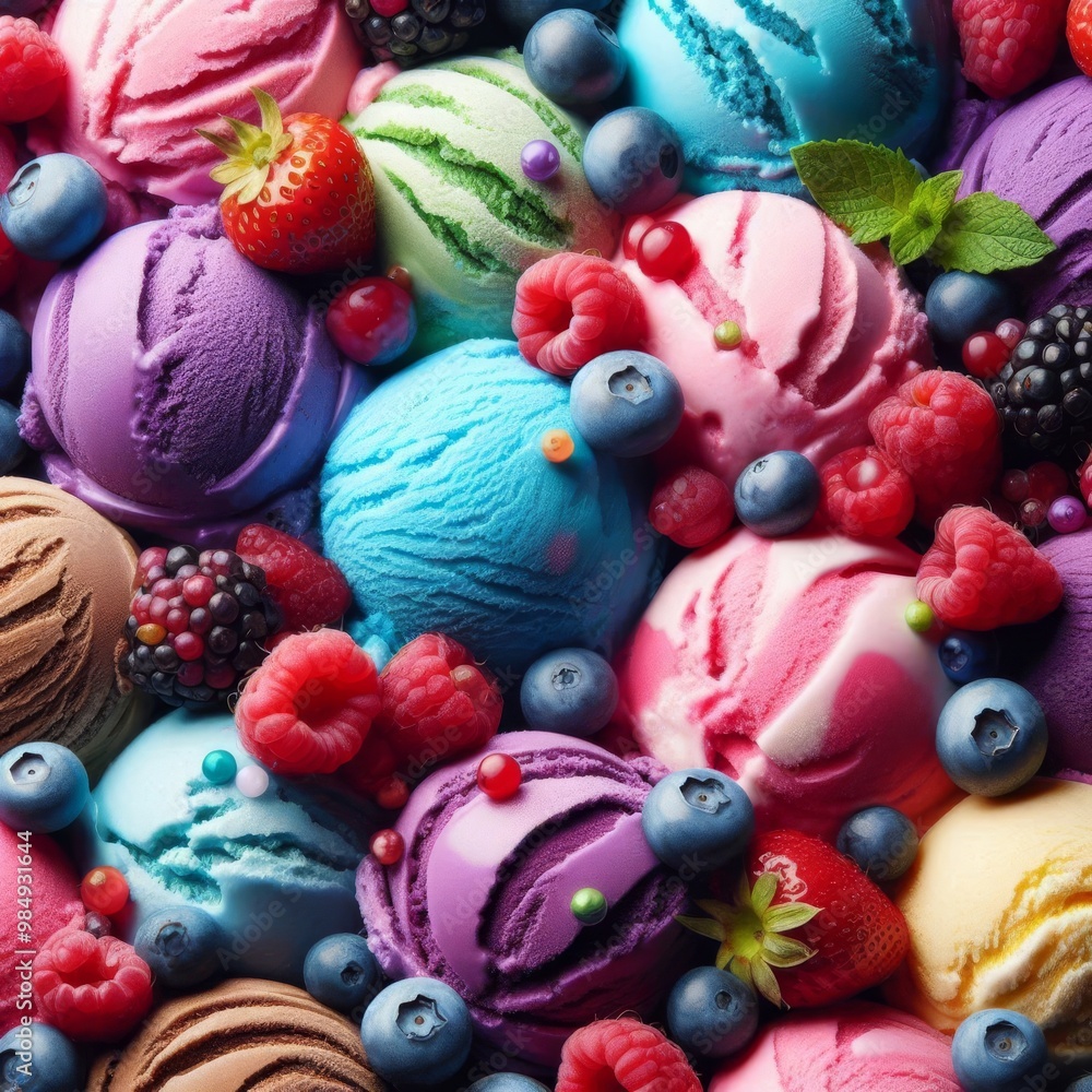 Poster a vibrant display of various ice cream scoops in multiple colors, topped with fresh berries like str