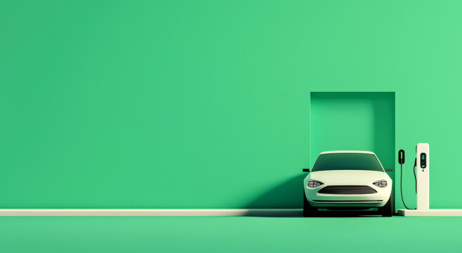 A sleek electric car parked by a vibrant green wall, with a charging station beside it, embodying modern sustainable transportation.