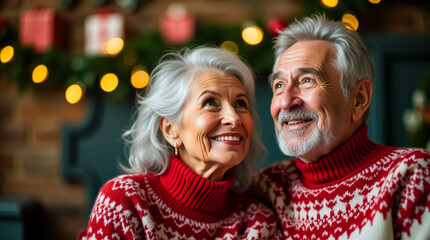 An elderly interracial couple smiles joyfully, looking up with dreamy expressions as they imagine gifts during a warm holiday celebration in their cozy home