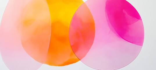 An abstract composition displays overlapping translucent circles in vivid pink, orange, and yellow hues on a light surface