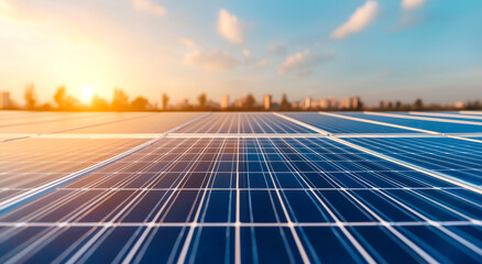 A vibrant solar panel field glistens under a golden sunset, showcasing renewable energy's role in a sustainable future.