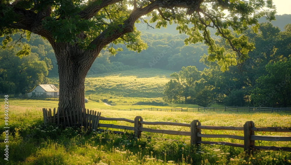 Poster a large tree stands in a field with a fence in front of it. the scene is peaceful and serene, with t