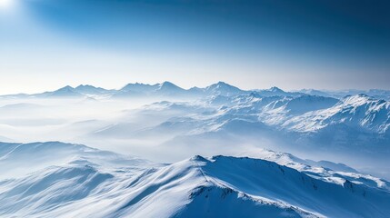 Beautiful landscape of snow-capped mountains. Panoramic view of mountainous area with peaks. Illustration for cover, card, postcard, interior design, banner, poster, brochure or presentation.